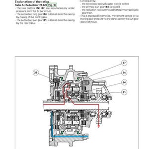May include: Diagram of a gearbox with power shuttle, labeled "8200 Series Tractors." The diagram includes internal components, labeled with numbers, and text explaining the ratios and functions. The diagram also includes the AGCO logo.
