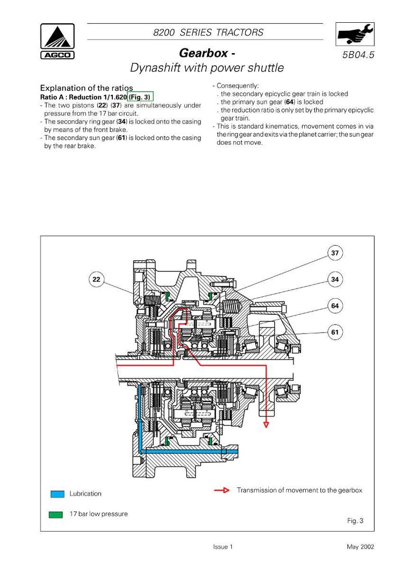 May include: Diagram of a gearbox with power shuttle, labeled "8200 Series Tractors." The diagram includes internal components, labeled with numbers, and text explaining the ratios and functions. The diagram also includes the AGCO logo.