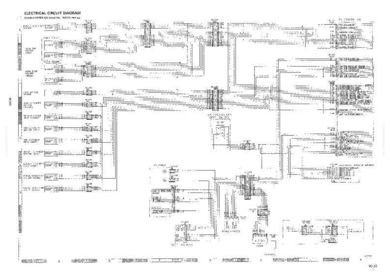 以下が含まれることがあります： 白紙に印刷された電気回路図。この図には、電気システムの接続とコンポーネントを示す、多数の線、記号、テキストラベルが含まれています。「ELECTRICAL CIRCUIT DIAGRAM」というタイトルが上部にあります。