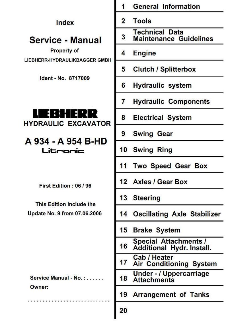 May include: A service manual for a Liebherr hydraulic excavator, model A 934-A 954 B-HD Litronic. The manual includes an index with sections on general information, tools, engine, hydraulic systems, and more. First edition 06/96.
