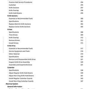 May include: A manual page with a detailed contents list. Key sections include 'Cutterbar', 'Knives', and 'Electrical System'. Page numbers are on the right. The website greenfarmmanuals.com is displayed.