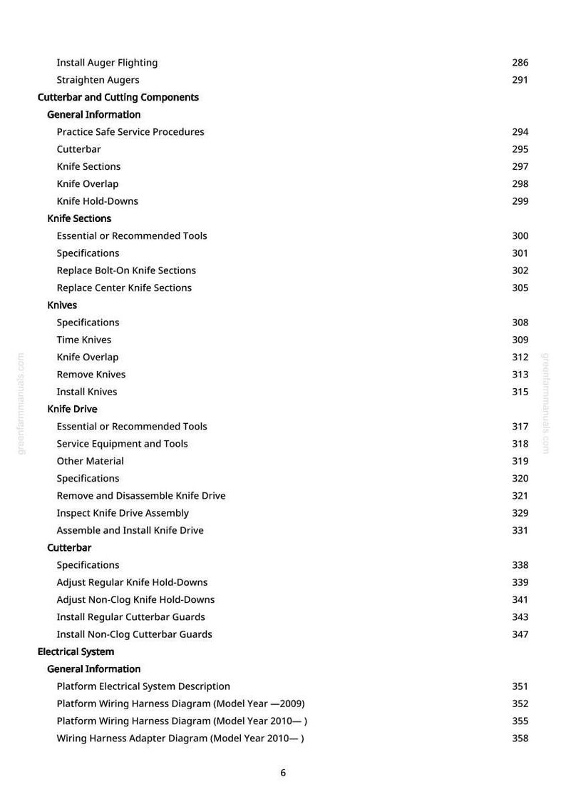 May include: A manual page with a detailed contents list. Key sections include 'Cutterbar', 'Knives', and 'Electrical System'. Page numbers are on the right. The website greenfarmmanuals.com is displayed.