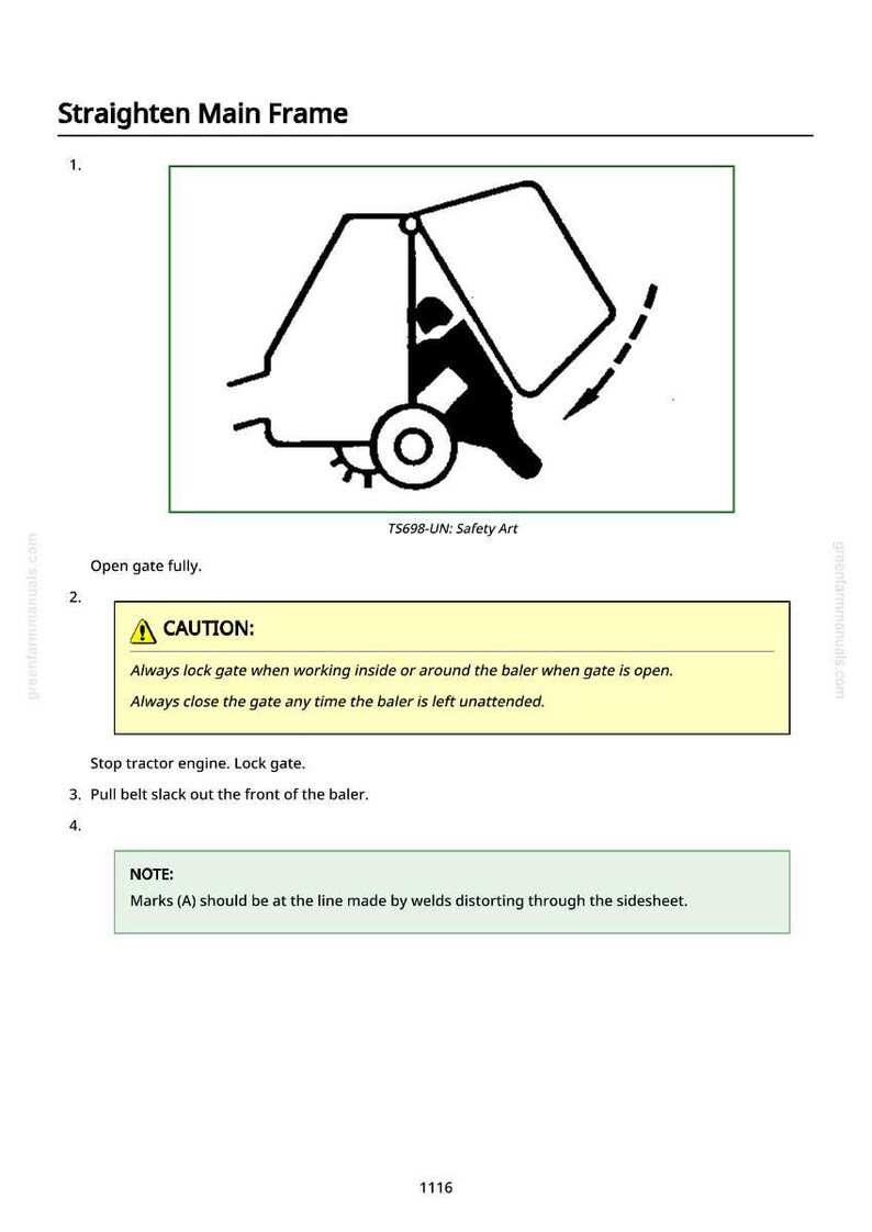 May include: Diagram illustrating the straightening of a main frame, with a caution about locking the gate. The image includes a black and white illustration of machinery and safety instructions.