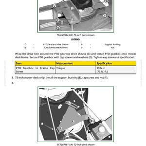 May include: Diagram of a mower deck assembly with labels for PTO gearbox drive sheave, cap screws, and support bushing. Includes torque specifications in lb.-ft. for the PTO gearbox to frame cap screw. Text reads "72-inch deck shown."
