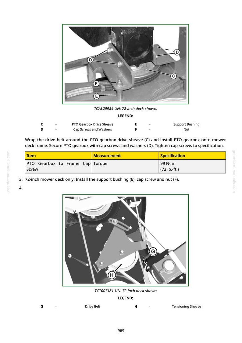 May include: Diagram of a mower deck assembly with labels for PTO gearbox drive sheave, cap screws, and support bushing. Includes torque specifications in lb.-ft. for the PTO gearbox to frame cap screw. Text reads "72-inch deck shown."