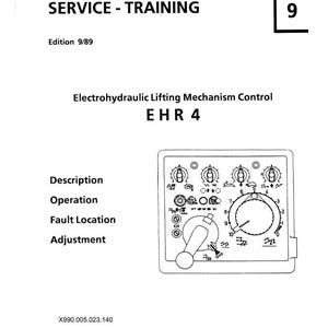 K&ouml;nnte beinhalten: Eine wei&szlig;e Seite mit dem Fendt-Logo und dem Text "SERVICE - TRAINING". Sie enth&auml;lt eine Abbildung eines elektrohydraulischen Hubmechanismus-Bedienfelds, bezeichnet als EHR 4, mit verschiedenen Zifferbl&auml;ttern und einem Hebel. Der Text "Description", "Operation", "Fault Location" und "Adjustment" ist ebenfalls vorhanden.
