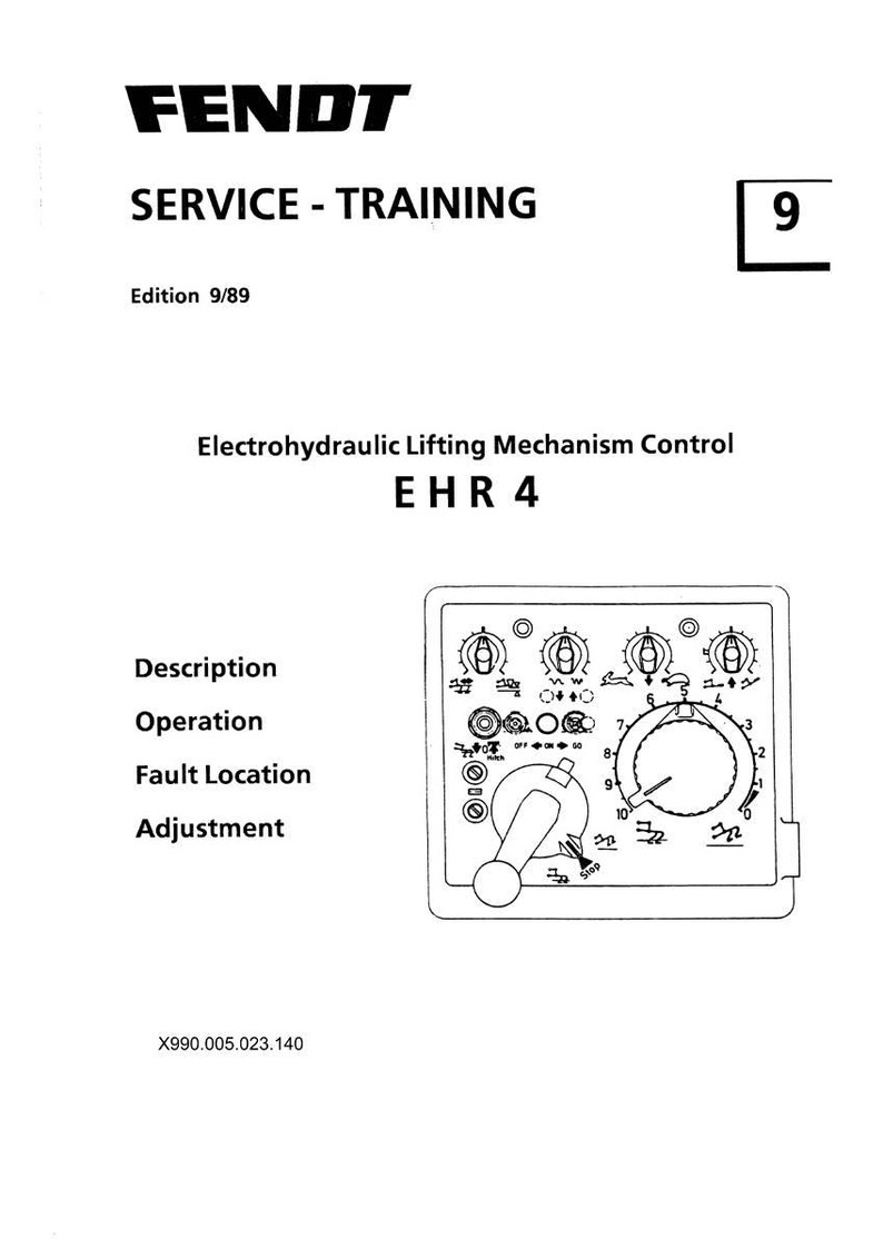 K&ouml;nnte beinhalten: Eine wei&szlig;e Seite mit dem Fendt-Logo und dem Text "SERVICE - TRAINING". Sie enth&auml;lt eine Abbildung eines elektrohydraulischen Hubmechanismus-Bedienfelds, bezeichnet als EHR 4, mit verschiedenen Zifferbl&auml;ttern und einem Hebel. Der Text "Description", "Operation", "Fault Location" und "Adjustment" ist ebenfalls vorhanden.