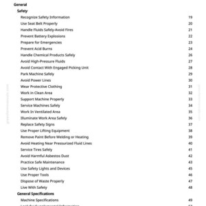 May include: A white page with a black table of contents for a manual. The headings include "Safety", "General", and "General Specifications". The page numbers are listed on the right side.