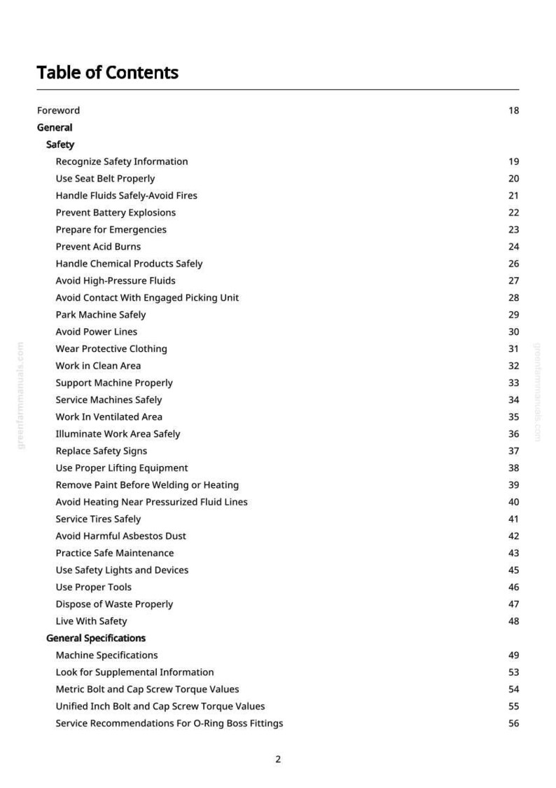May include: A white page with a black table of contents for a manual. The headings include "Safety", "General", and "General Specifications". The page numbers are listed on the right side.
