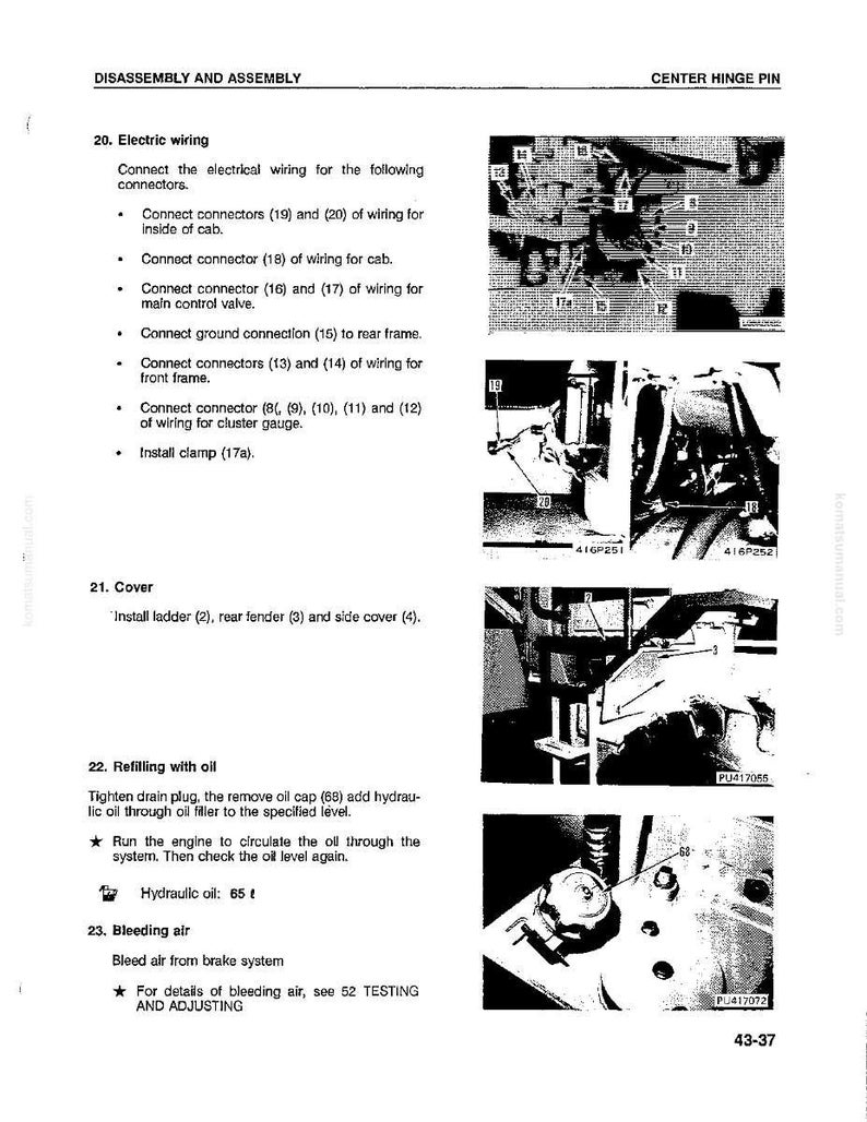 May include: A technical diagram with text detailing disassembly and assembly procedures. Sections include electric wiring, cover installation, and refilling with oil. The diagram features close-up images of mechanical components and wiring connections.