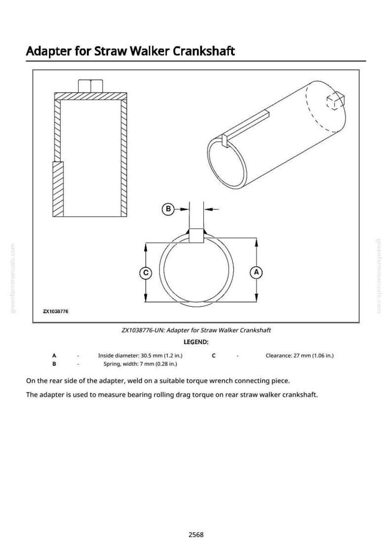 May include: Diagram of an adapter for a straw walker crankshaft, featuring a cylindrical component, a ring with a 30.5 mm inside diameter, and a rectangular piece. The diagram includes measurements in inches and the text "Adapter for Straw Walker Crankshaft."