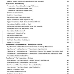 Puede incluir: Un &iacute;ndice detallado de un manual, con varios temas relacionados con la transmisi&oacute;n. El texto incluye t&eacute;rminos como "Reacondicionar", "Embragues" y "Eje", con los n&uacute;meros de p&aacute;gina correspondientes. Documento de greenfarmmanuals.com.