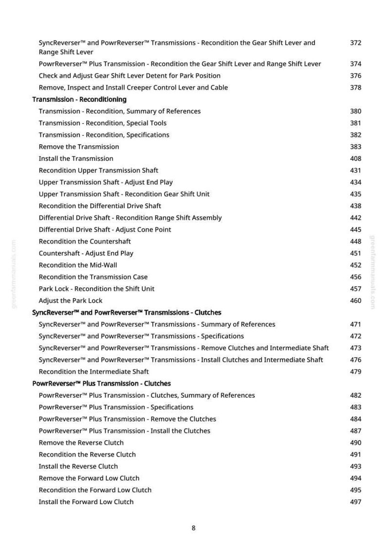 Puede incluir: Un &iacute;ndice detallado de un manual, con varios temas relacionados con la transmisi&oacute;n. El texto incluye t&eacute;rminos como "Reacondicionar", "Embragues" y "Eje", con los n&uacute;meros de p&aacute;gina correspondientes. Documento de greenfarmmanuals.com.