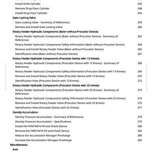 May include: A detailed table of contents from greenfarmmanuals.com, listing various hydraulic components, valves, and accumulators. The text is in black against a white background, with page numbers on the right.