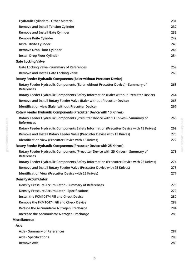 May include: A detailed table of contents from greenfarmmanuals.com, listing various hydraulic components, valves, and accumulators. The text is in black against a white background, with page numbers on the right.