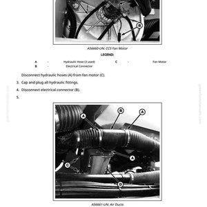 May include: Black and white diagram of a CCS fan motor and air ducts. The image includes labels for hydraulic hoses, electrical connectors, hose clamps, and air ducts. Text instructions detail disconnecting hoses and connectors.