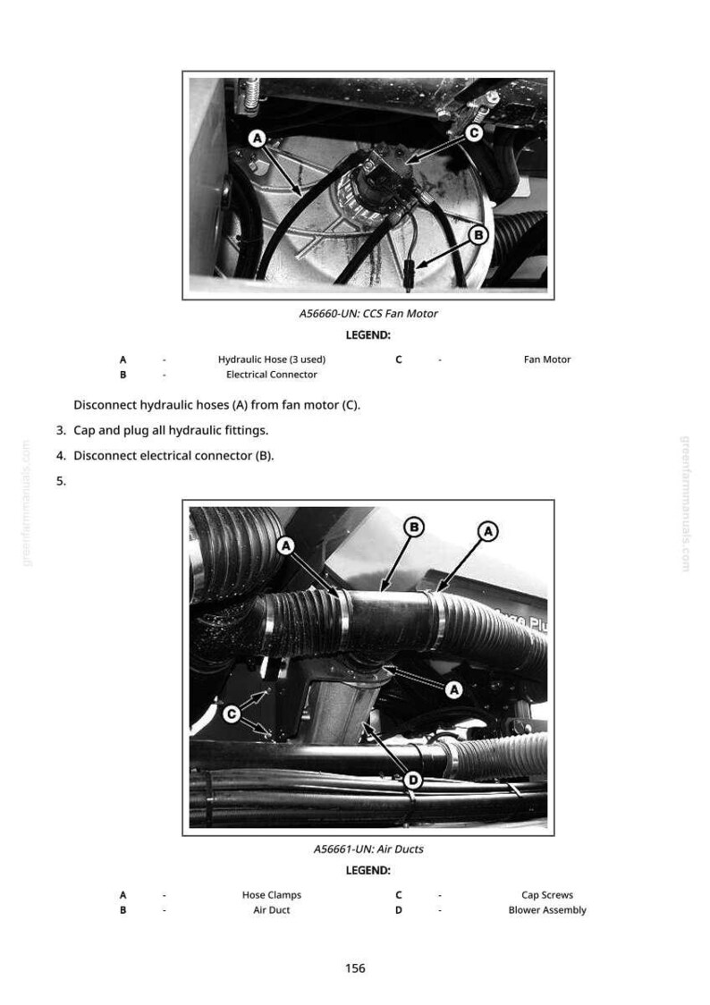 May include: Black and white diagram of a CCS fan motor and air ducts. The image includes labels for hydraulic hoses, electrical connectors, hose clamps, and air ducts. Text instructions detail disconnecting hoses and connectors.