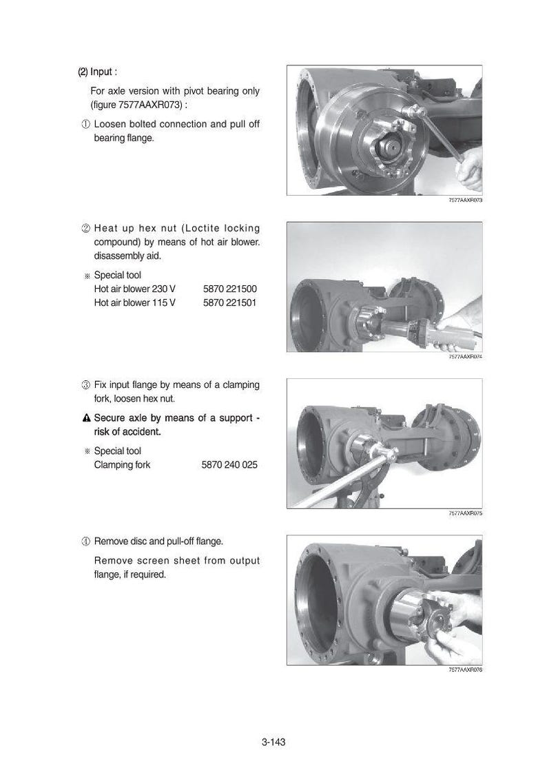 May include: Technical diagram illustrating the disassembly of a mechanical component. The images show stages like loosening bolts, heating nuts, and removing flanges. Text provides instructions, part numbers, and tool specifications for the process.