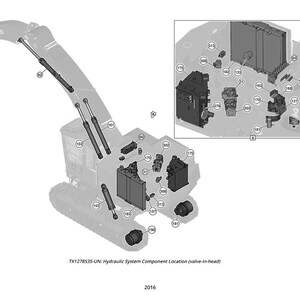 May include: An engineering diagram of a hydraulic system, featuring various components labeled with numbers. The image includes a detailed view of the valve-in-head system, with text indicating the model number and year.