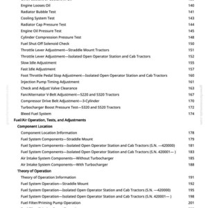 May include: A white-background page with a list of engine and fuel system tests and adjustments. The text includes terms like "Engine Coolant Operating Temperature Incorrect" and "Fuel Injection Nozzle Operation."