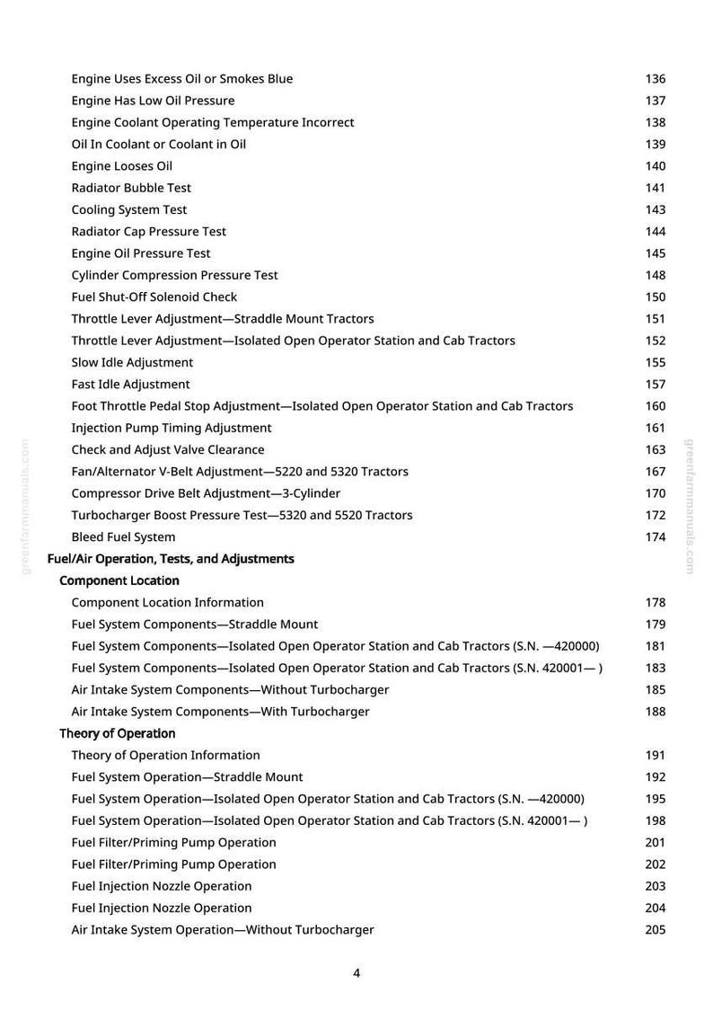 May include: A white-background page with a list of engine and fuel system tests and adjustments. The text includes terms like "Engine Coolant Operating Temperature Incorrect" and "Fuel Injection Nozzle Operation."