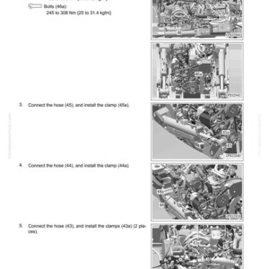 May include: A page from a manual detailing engine assembly and disassembly procedures. The page includes diagrams of engine components, along with instructions for installing bolts, hoses, and clamps. Measurements are provided in Newton meters and kilogram-force meters.
