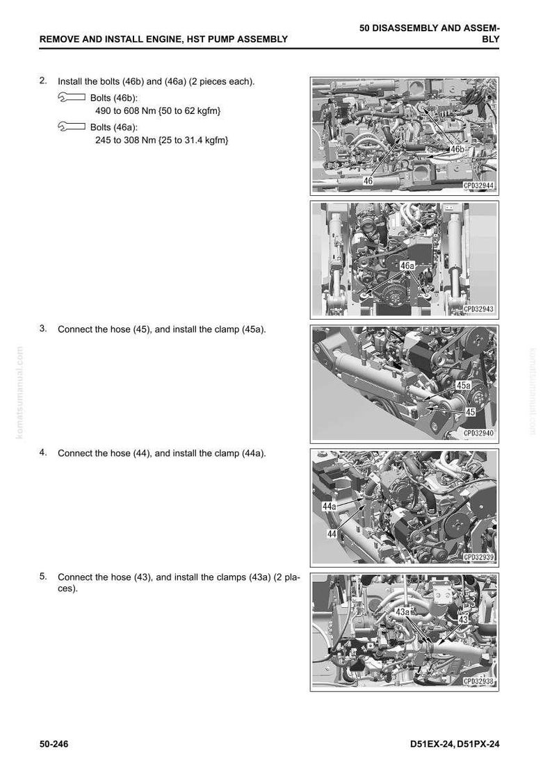 May include: A page from a manual detailing engine assembly and disassembly procedures. The page includes diagrams of engine components, along with instructions for installing bolts, hoses, and clamps. Measurements are provided in Newton meters and kilogram-force meters.