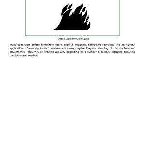 Może przedstawiać: Obraz przedstawia czarny symbol płomienia w zielonym prostokącie, oznaczony jako "T133552-UN: Palne odpady". Tekst "High Debris Applications" znajduje się nad symbolem. Jest to ostrzeżenie dla operacji wytwarzających palne odpady.