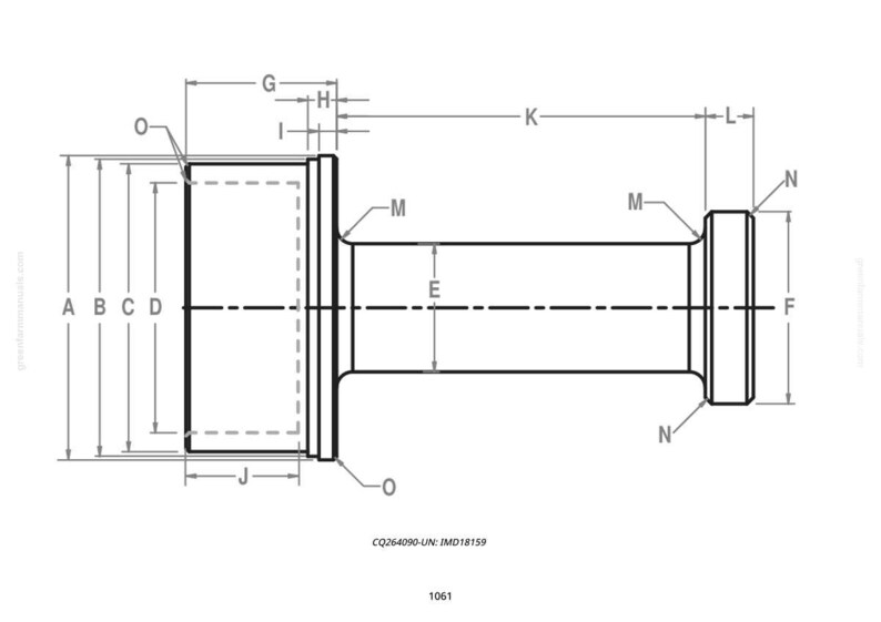 May include: Technical drawing of a cylindrical component with labeled dimensions. The diagram shows a side view of the part, with measurements indicated by letters and lines. The component has a cylindrical body and two flared ends.
