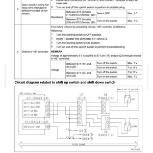 May include: Diagram from a manual showing troubleshooting steps and a circuit diagram related to shift up and shift down switches. Includes text, tables, and a schematic with labeled components and connections.