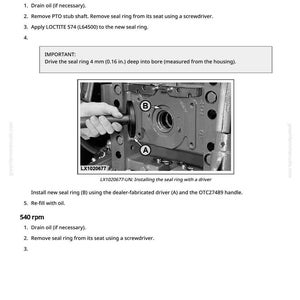 Puede incluir: Diagrama t&eacute;cnico que ilustra el reemplazo de un ret&eacute;n del eje de salida. La imagen muestra los componentes de la maquinaria, incluido el ret&eacute;n y las herramientas. Se incluyen instrucciones textuales para guiar el proceso.