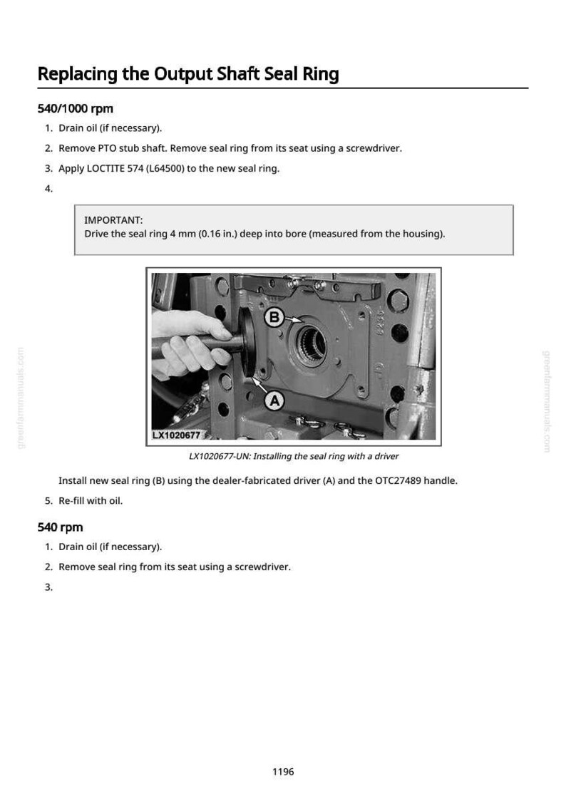 Puede incluir: Diagrama t&eacute;cnico que ilustra el reemplazo de un ret&eacute;n del eje de salida. La imagen muestra los componentes de la maquinaria, incluido el ret&eacute;n y las herramientas. Se incluyen instrucciones textuales para guiar el proceso.