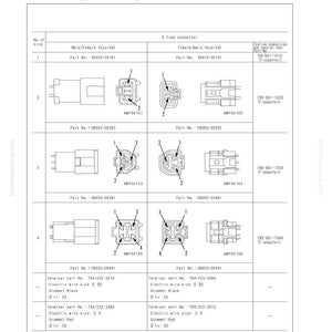 以下が含まれることがあります： 「コネクタピン番号の接続表」と題された技術図面で、電気コネクタの詳細なイラストが描かれています。 部品番号、コネクタの種類、ワイヤサイズが記載されています。