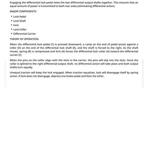 May include: A white page detailing "Differential Lock Operation", explaining its function and components. The text describes how the system works, including major components and the theory of operation.