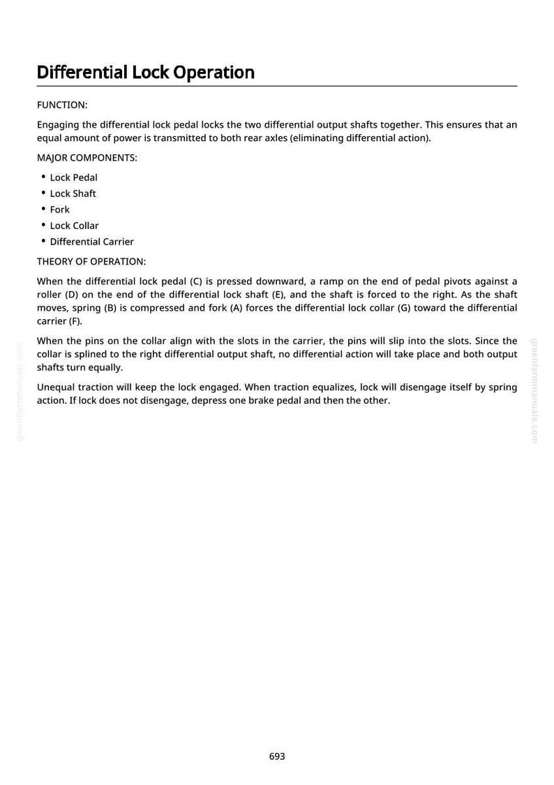 May include: A white page detailing "Differential Lock Operation", explaining its function and components. The text describes how the system works, including major components and the theory of operation.