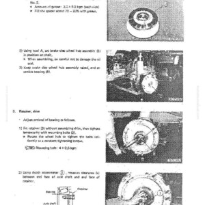 May include: Technical diagram with instructions for automotive repair. The image shows detailed steps for assembling and adjusting components, including brake discs, wheel hubs, and retainers. Text and diagrams provide guidance for mechanics.
