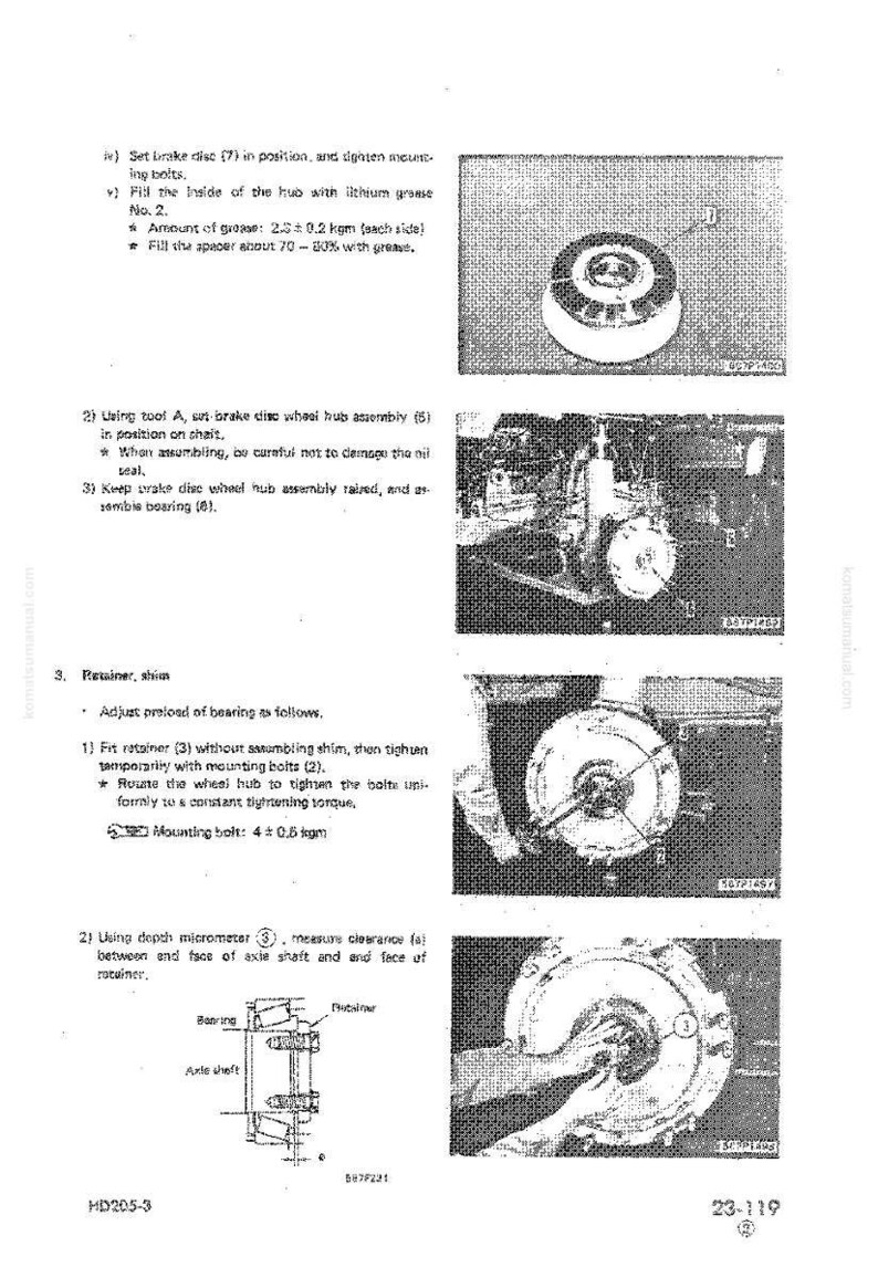 May include: Technical diagram with instructions for automotive repair. The image shows detailed steps for assembling and adjusting components, including brake discs, wheel hubs, and retainers. Text and diagrams provide guidance for mechanics.