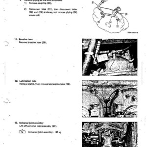May include: A technical diagram with the title "DISASSEMBLY AND ASSEMBLY TORQUE CONVERTER". The diagram includes illustrations of piping, breather hose, lubrication tube, and universal joint assembly. Text indicates a universal joint assembly weight of 30 kg.