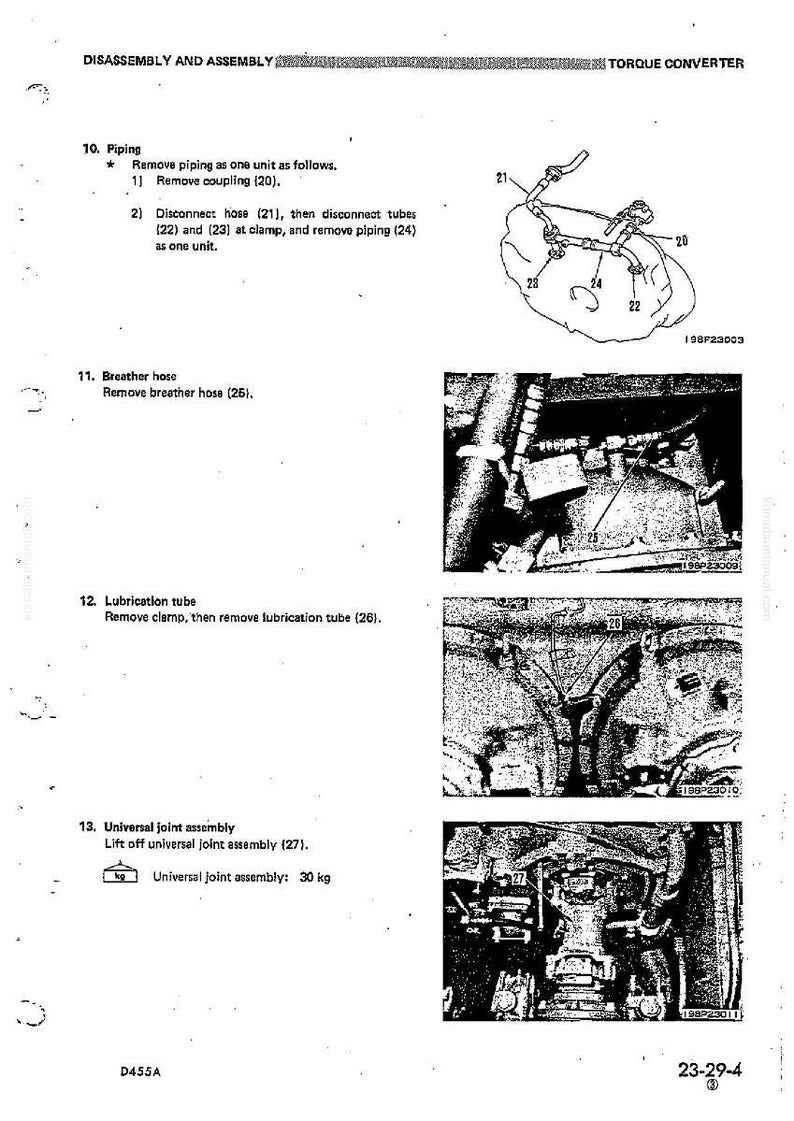May include: A technical diagram with the title "DISASSEMBLY AND ASSEMBLY TORQUE CONVERTER". The diagram includes illustrations of piping, breather hose, lubrication tube, and universal joint assembly. Text indicates a universal joint assembly weight of 30 kg.