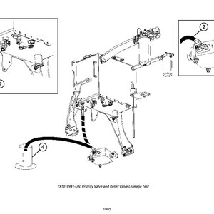 Pu&ograve; includere: Un diagramma tecnico in bianco e nero che illustra un test di tenuta della valvola di priorit&agrave; e della valvola di scarico. L'immagine presenta didascalie per vari componenti, tra cui tubi flessibili e valvole. Il diagramma include il testo "TX1018941".