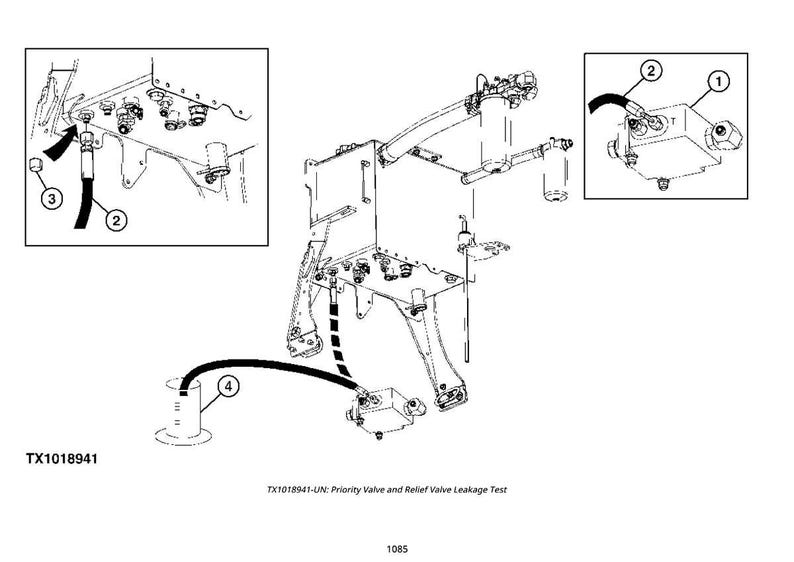 Pu&ograve; includere: Un diagramma tecnico in bianco e nero che illustra un test di tenuta della valvola di priorit&agrave; e della valvola di scarico. L'immagine presenta didascalie per vari componenti, tra cui tubi flessibili e valvole. Il diagramma include il testo "TX1018941".