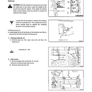 May include: Diagram of torque converter and transmission disassembly instructions. Text includes warnings and numbered steps for removing parts. Illustrations show components like plugs, covers, and valves. The text also includes the amount of hydraulic oil, 150l.