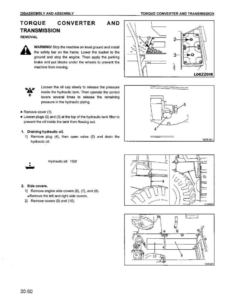 May include: Diagram of torque converter and transmission disassembly instructions. Text includes warnings and numbered steps for removing parts. Illustrations show components like plugs, covers, and valves. The text also includes the amount of hydraulic oil, 150l.
