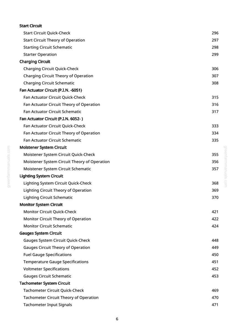 May include: A page from a manual with a table of contents. The table lists various automotive electrical system topics, including start, charging, fan actuator, moistener, lighting, monitor, gauges, and tachometer circuits, with page numbers.