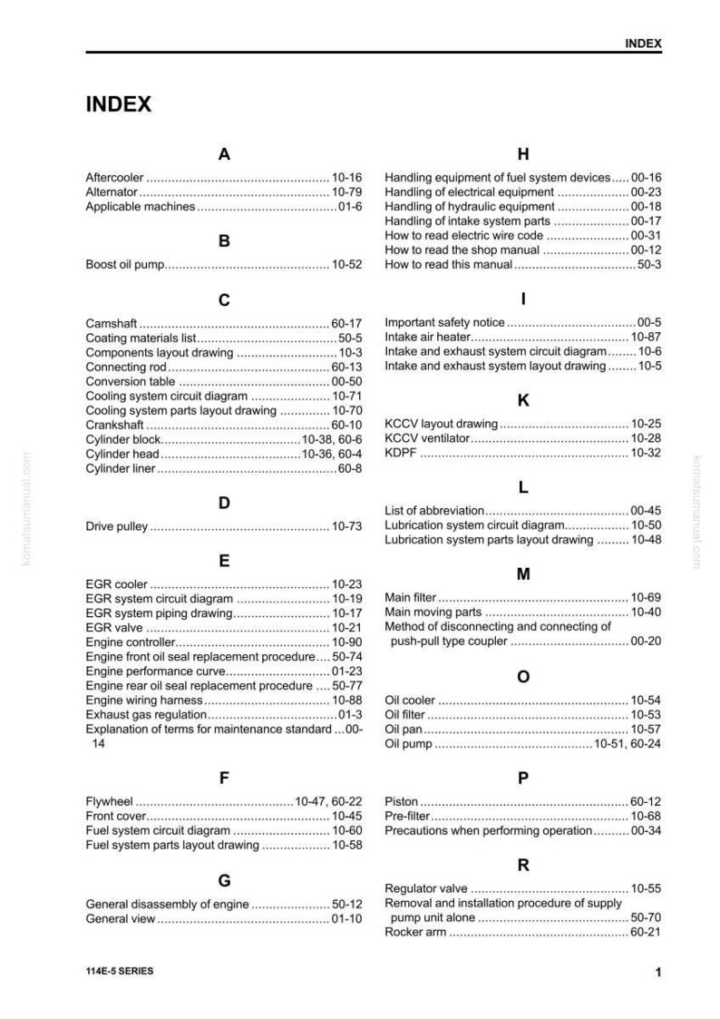 May include: Index page from a manual, listing various engine components and procedures. The page is white with black text, including headings like "Index", "A", "B", and "C", and subheadings such as "Aftercooler" and "Camshaft".