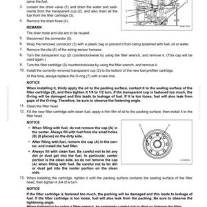 May include: Troubleshooting guide with numbered steps and a diagram of engine components. Includes instructions for fuel filter maintenance, such as draining, removing, and installing parts. The text includes warnings and notices for safe operation.