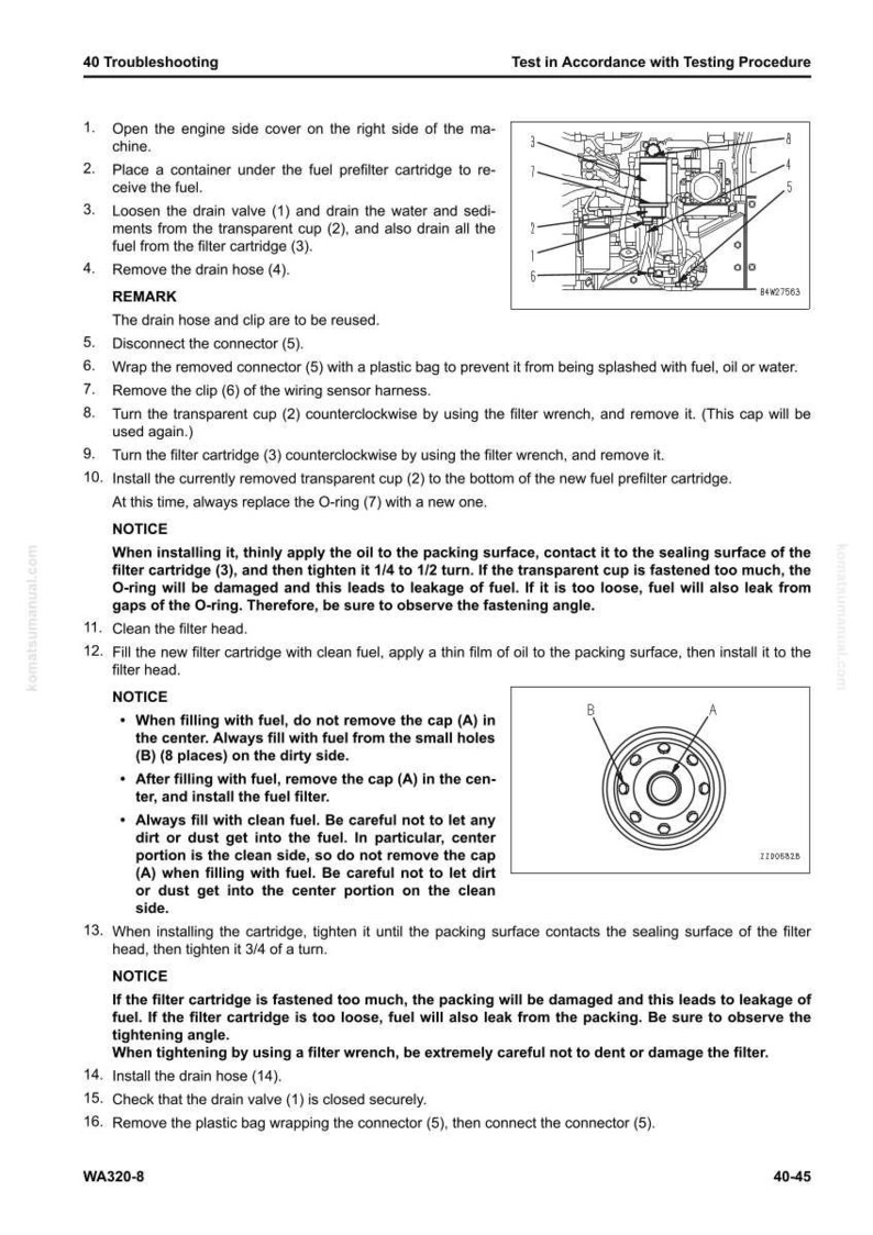 May include: Troubleshooting guide with numbered steps and a diagram of engine components. Includes instructions for fuel filter maintenance, such as draining, removing, and installing parts. The text includes warnings and notices for safe operation.