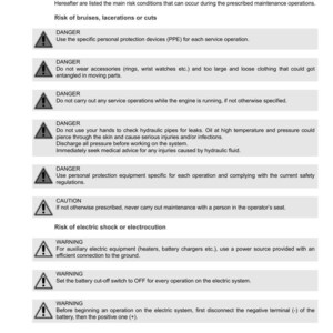 Puede incluir: Una p&aacute;gina del manual de seguridad de Argo Tractors, que detalla situaciones peligrosas y advertencias de seguridad. Incluye advertencias sobre hematomas, laceraciones, descargas el&eacute;ctricas y otros peligros potenciales. El texto incluye avisos de "PELIGRO", "PRECAUCI&Oacute;N" y "ADVERTENCIA".