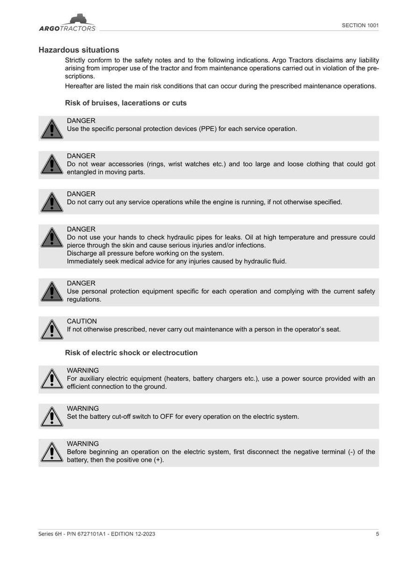 Puede incluir: Una p&aacute;gina del manual de seguridad de Argo Tractors, que detalla situaciones peligrosas y advertencias de seguridad. Incluye advertencias sobre hematomas, laceraciones, descargas el&eacute;ctricas y otros peligros potenciales. El texto incluye avisos de "PELIGRO", "PRECAUCI&Oacute;N" y "ADVERTENCIA".