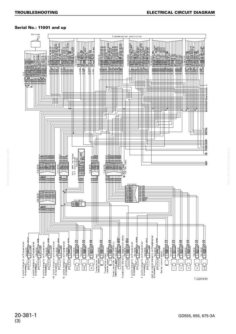 Op de afbeelding: Een elektrisch schema met de tekst "Probleemoplossing" en "Elektrisch schema". Het schema bevat talrijke onderling verbonden componenten, lijnen en tekstlabels. Serienummer: 11001 en hoger. Het schema bevat ook de tekst "20-381-1 (3)" en "GD555, 655, 675-3A".